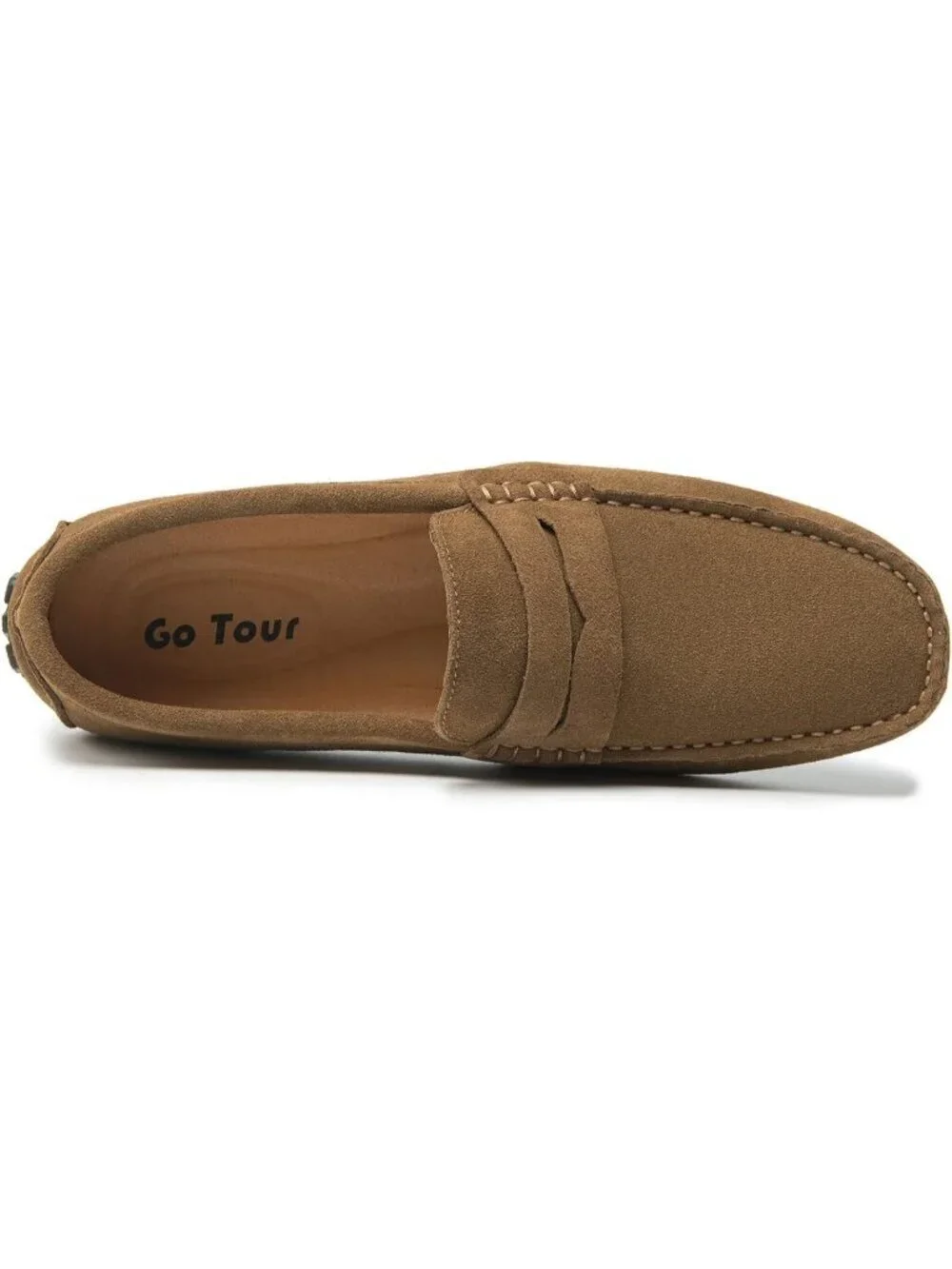Go Tour Men's Khaki Suede Leather Loafers Penny Slip On Flats Comfortable Shoes